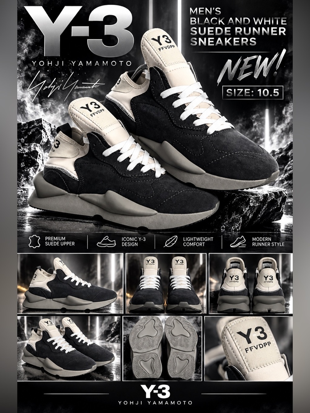 Y-3 Men’s Black and White Suede Runner Sneakers🔥New! Size: 10.5